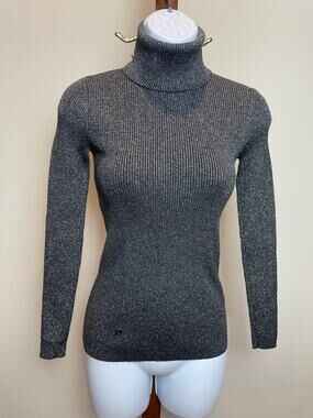 Lauren Ralph Lauren Black Ribbed Metallic Turtleneck Sweater Size XS Stretch Fit